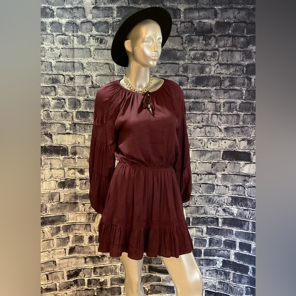 Burgundy Wine Maroon Long Baloon Sleeve Boho Mini Dress - Picture 5 of 6